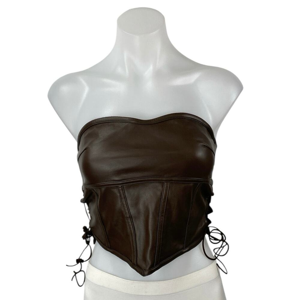I.AM.GIA Brown Faux Leather Vegan Sweetheart Strapless Side Lace Up Crop Top M